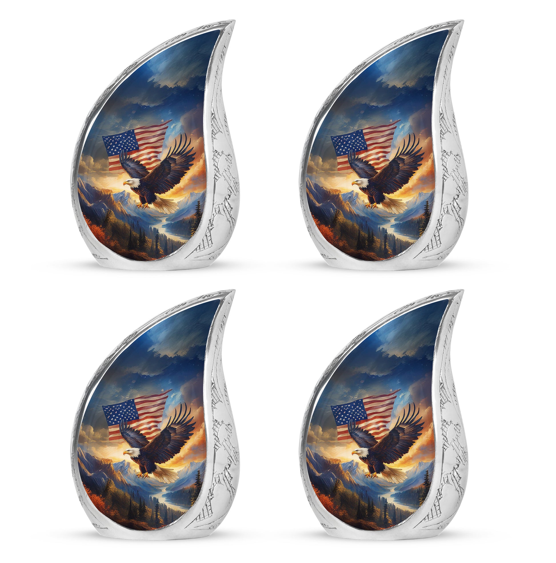 Vivid Blue Eagle Cremation Urn close-up of engraving and surface detail - graceful tear-shaped urn with eagle motif - 10 inch aluminum urn for cremated remains