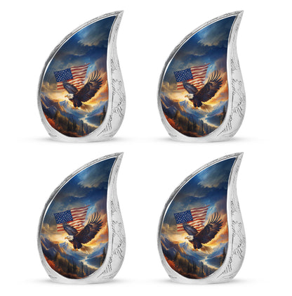 Vivid Blue Eagle Cremation Urn close-up of engraving and surface detail - graceful tear-shaped urn with eagle motif - 10 inch aluminum urn for cremated remains