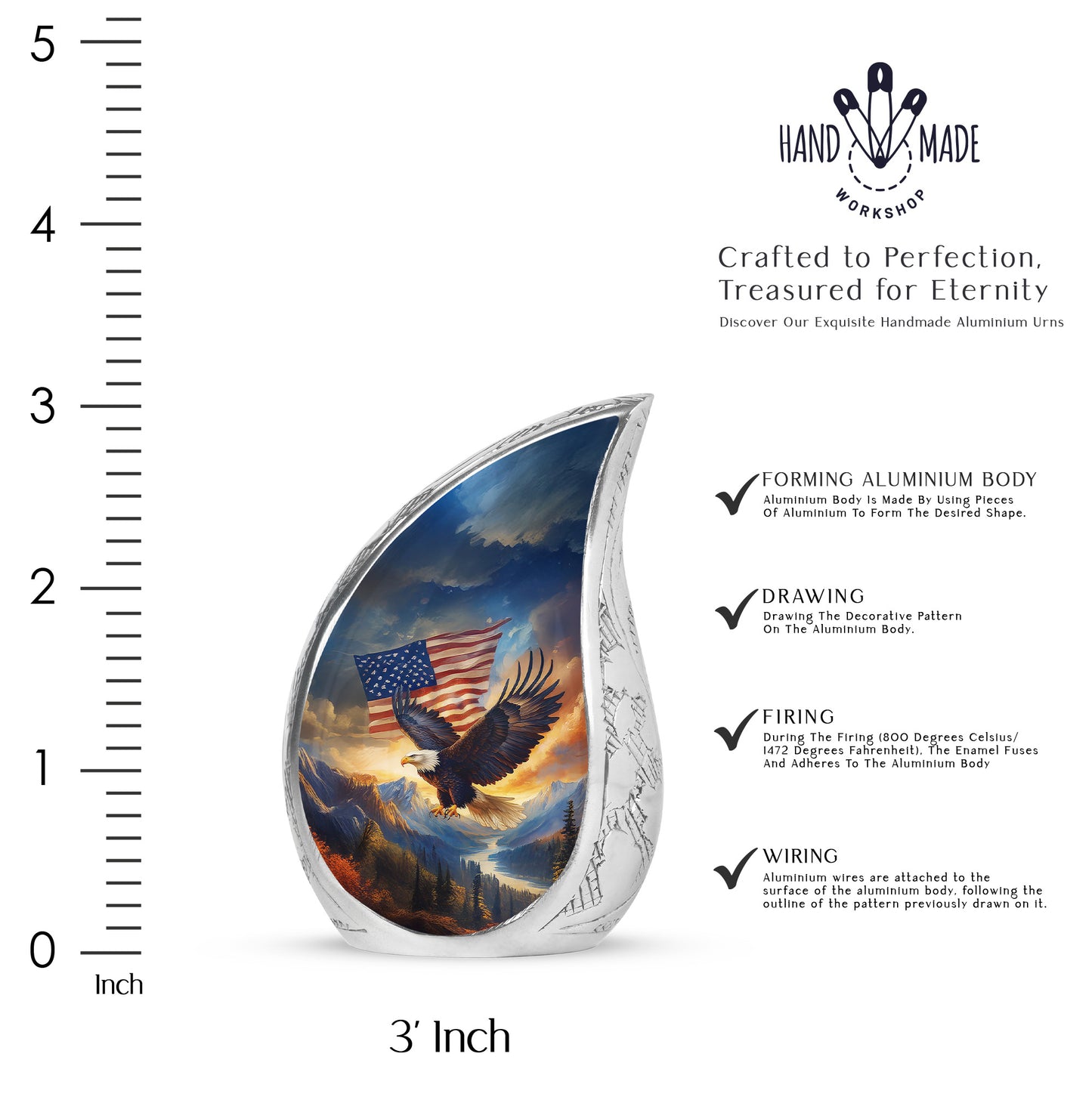 Sapphire Blue Eagle Cremation Urn angled view of lid and engraved motif - smooth teardrop contour featuring eagle art - mini keepsake memorial for portion of cremation ashes