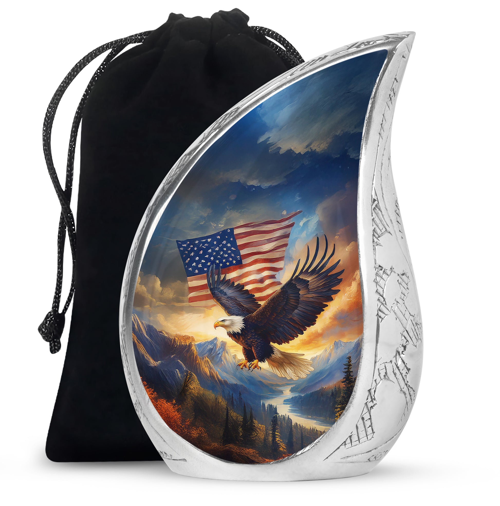 Azure Eagle Cremation Urn front view showing detailed design - flowing teardrop eagle silhouette on curved aluminum - full-size 10 inch 200 cubic inch adult cremation urn