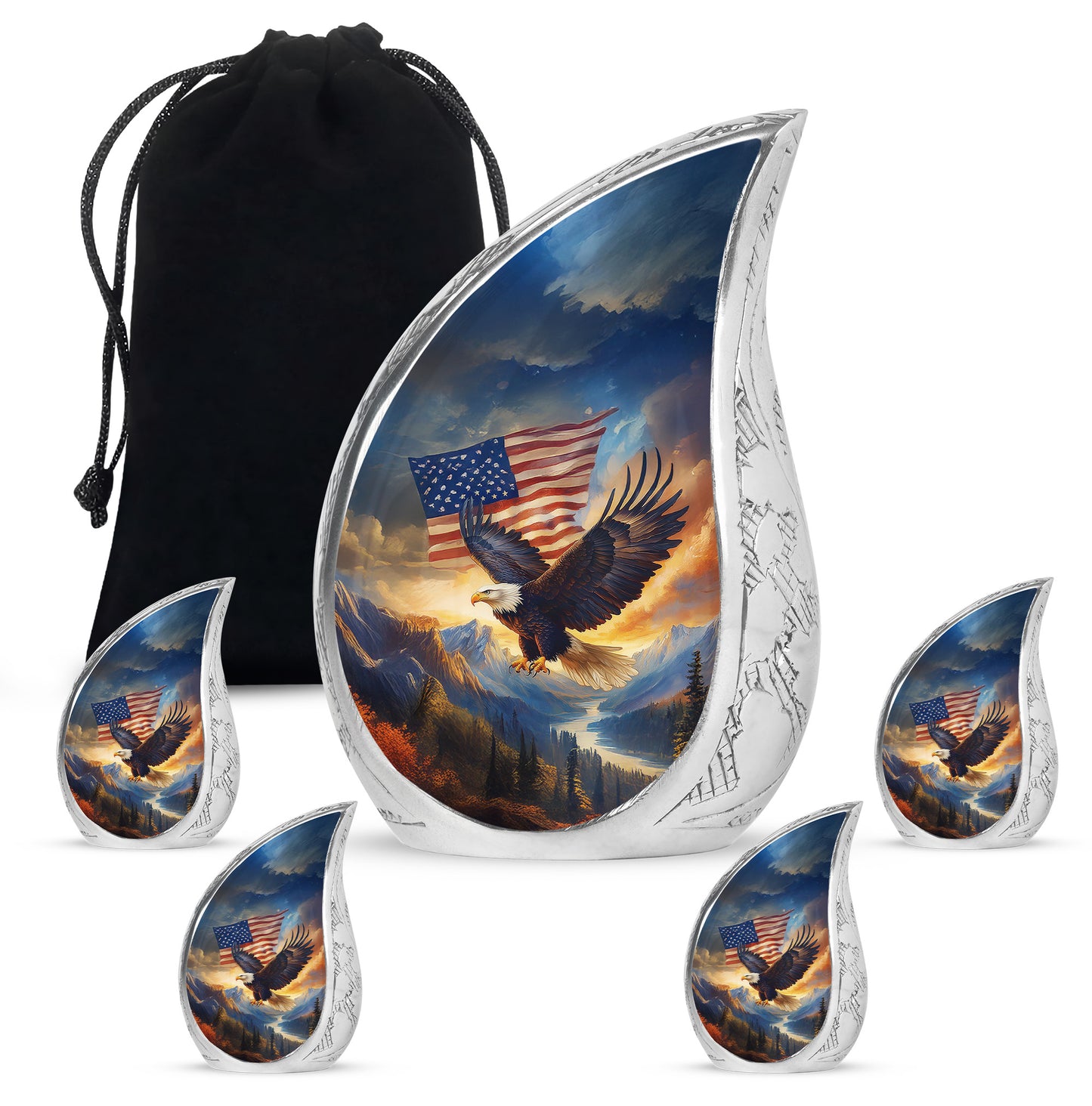 Twilight Blue Eagle Cremation Urn side profile showing urn shape - graceful tear-shaped urn with eagle motif - memorial set with one large and four small urns