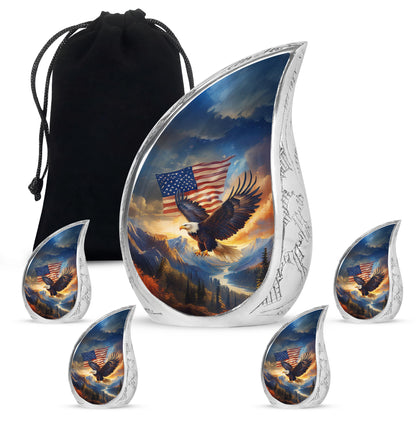 Twilight Blue Eagle Cremation Urn side profile showing urn shape - graceful tear-shaped urn with eagle motif - memorial set with one large and four small urns