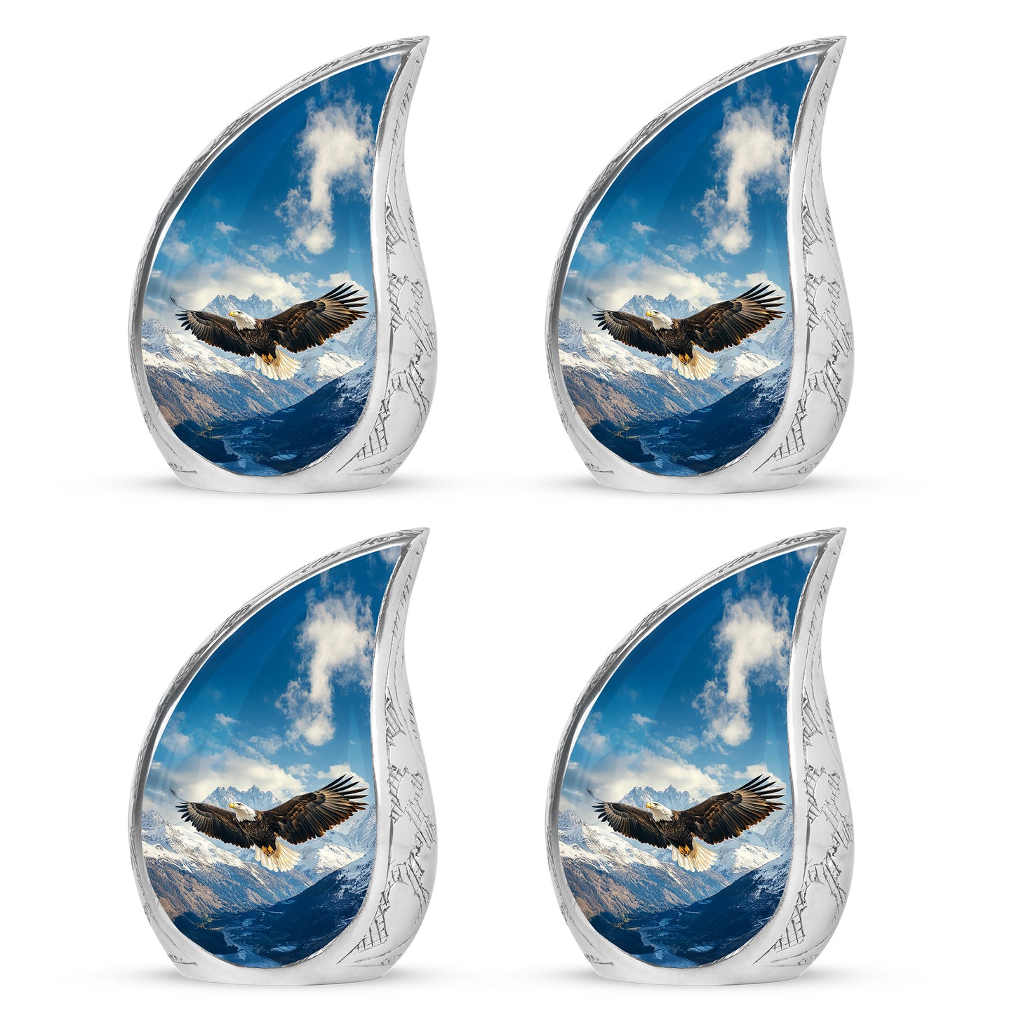 Misty Blue Eagle Cremation Urn close-up of engraving and surface detail - rounded teardrop eagle design with delicate detail - 10 inch aluminum urn for cremated remains