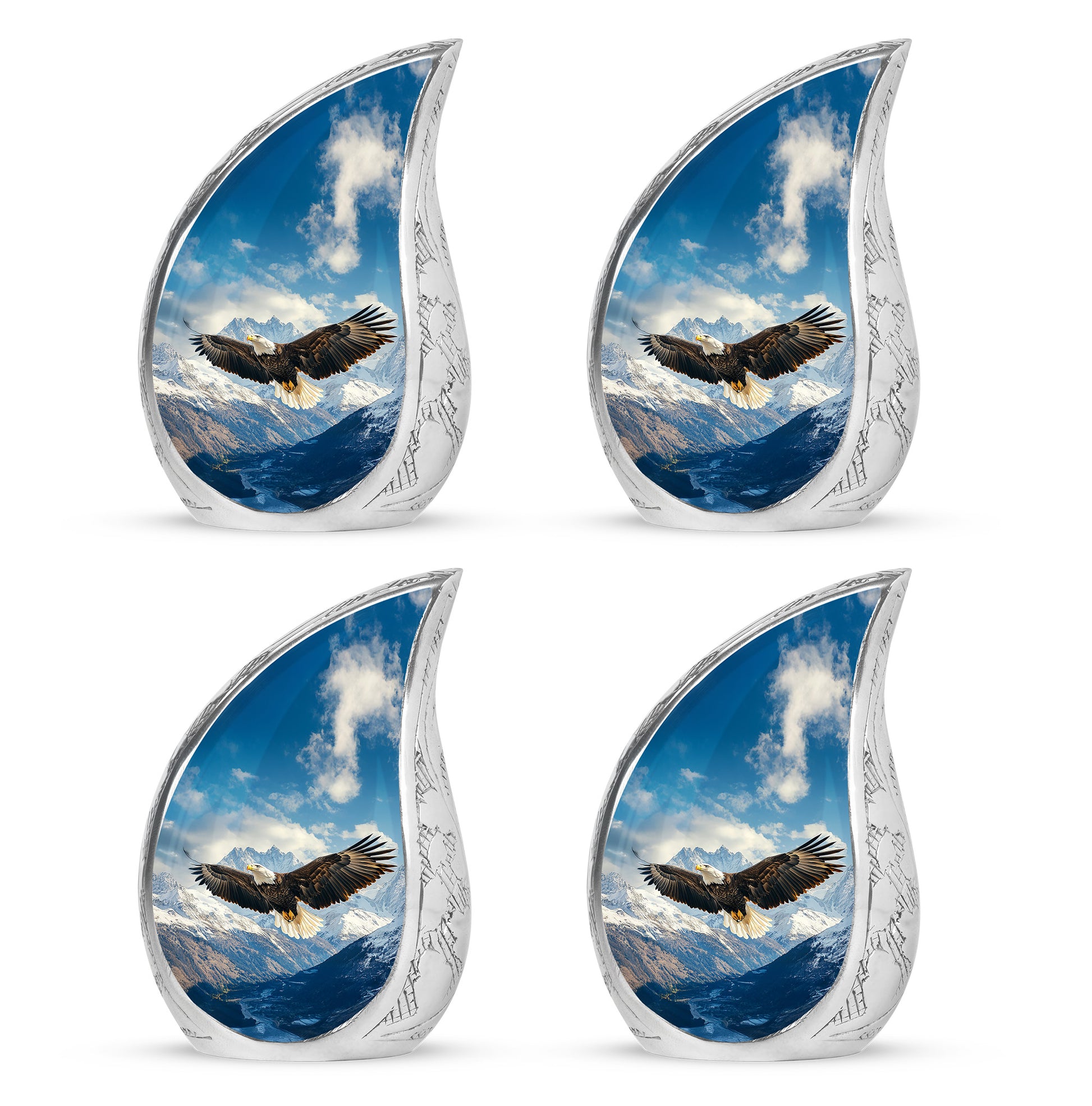 Misty Blue Eagle Cremation Urn close-up of engraving and surface detail - rounded teardrop eagle design with delicate detail - 10 inch aluminum urn for cremated remains