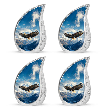 Misty Blue Eagle Cremation Urn close-up of engraving and surface detail - rounded teardrop eagle design with delicate detail - 10 inch aluminum urn for cremated remains