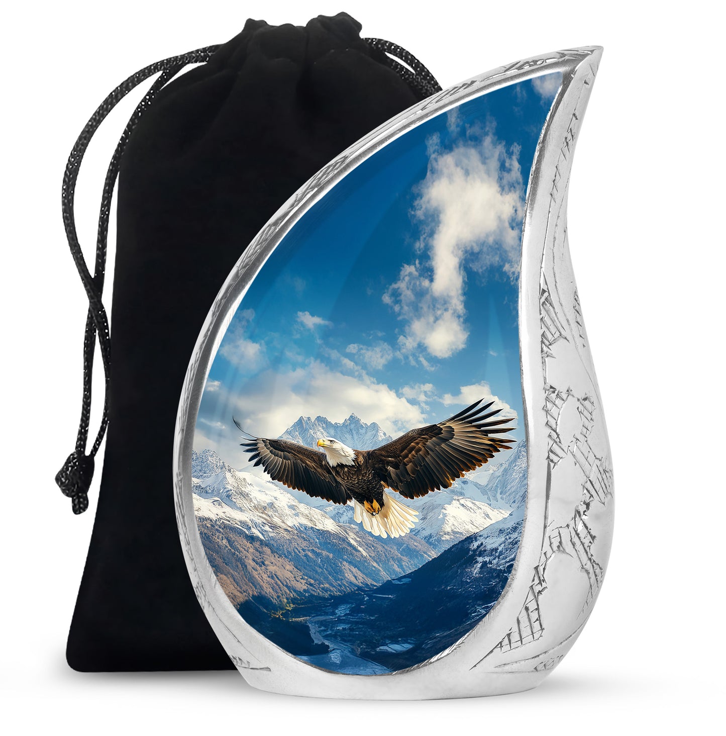 Twilight Blue Eagle Cremation Urn front view showing detailed design - smooth teardrop contour featuring eagle art - full-size 10 inch 200 cubic inch adult cremation urn