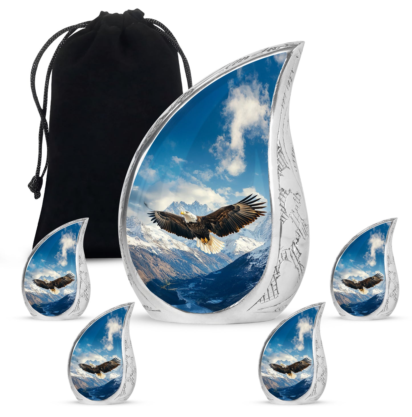 Cobalt Blue Eagle Cremation Urn side profile showing urn shape - graceful tear-shaped urn with eagle motif - memorial set with one large and four small urns