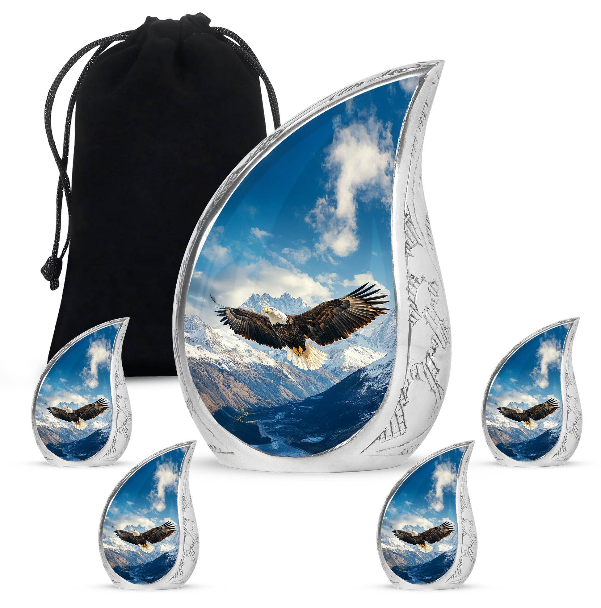 Cobalt Blue Eagle Cremation Urn side profile showing urn shape - graceful tear-shaped urn with eagle motif - memorial set with one large and four small urns