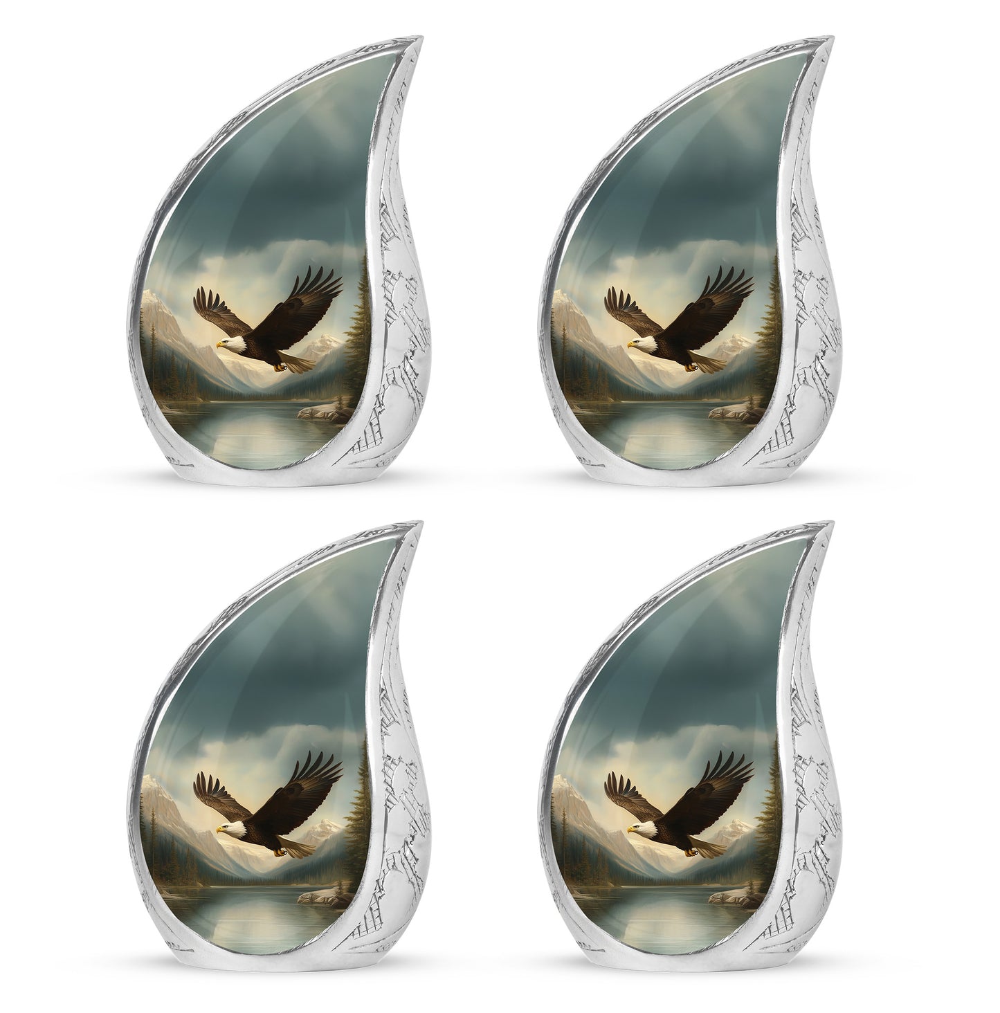 Deep Black Eagle Cremation Urn close-up of engraving and surface detail - flowing teardrop eagle silhouette on curved aluminum - 10 inch aluminum urn for cremated remains