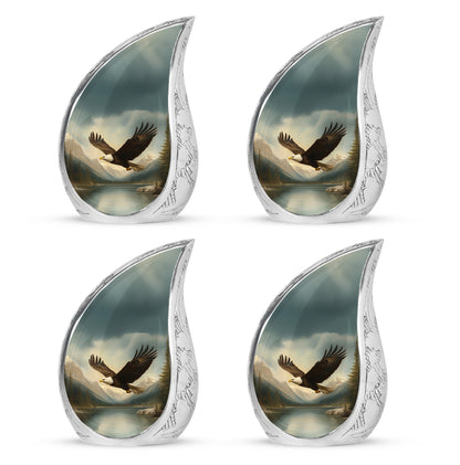 Deep Black Eagle Cremation Urn close-up of engraving and surface detail - flowing teardrop eagle silhouette on curved aluminum - 10 inch aluminum urn for cremated remains