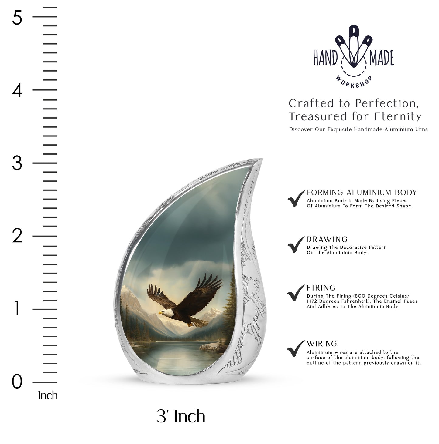 Midnight Black Eagle Cremation Urn angled view of lid and engraved motif - graceful tear-shaped urn with eagle motif - mini keepsake memorial for portion of cremation ashes