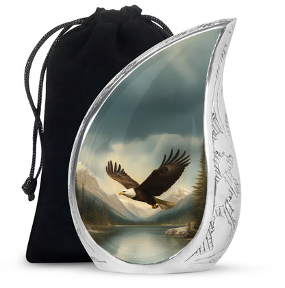 Jet Black Eagle Cremation Urn front view showing detailed design - rounded teardrop eagle design with delicate detail - full-size 10 inch 200 cubic inch adult cremation urn