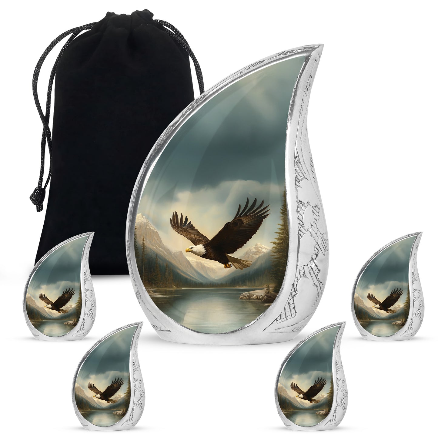 Onyx Black Eagle Cremation Urn side profile showing urn shape - graceful tear-shaped urn with eagle motif - memorial set with one large and four small urns
