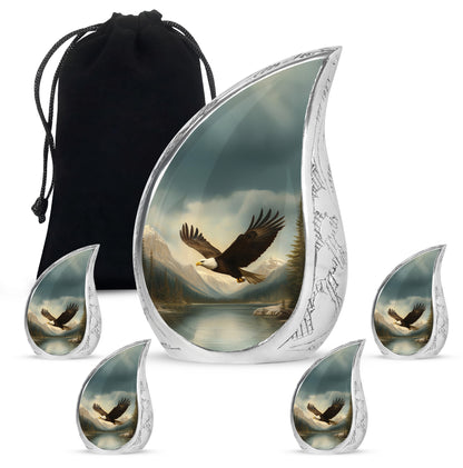Onyx Black Eagle Cremation Urn side profile showing urn shape - graceful tear-shaped urn with eagle motif - memorial set with one large and four small urns