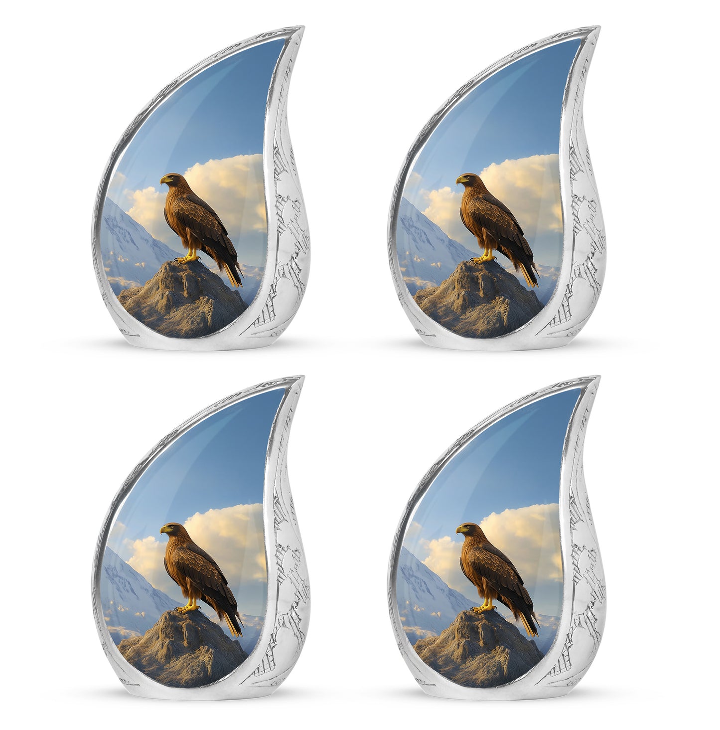 Sapphire Blue Eagle Cremation Urn close-up of engraving and surface detail - graceful tear-shaped urn with eagle motif - 10 inch aluminum urn for cremated remains
