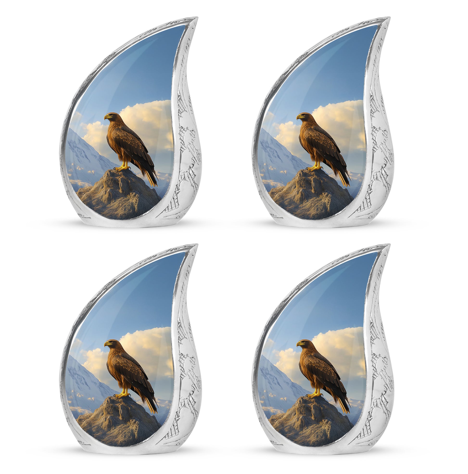 Sapphire Blue Eagle Cremation Urn close-up of engraving and surface detail - graceful tear-shaped urn with eagle motif - 10 inch aluminum urn for cremated remains