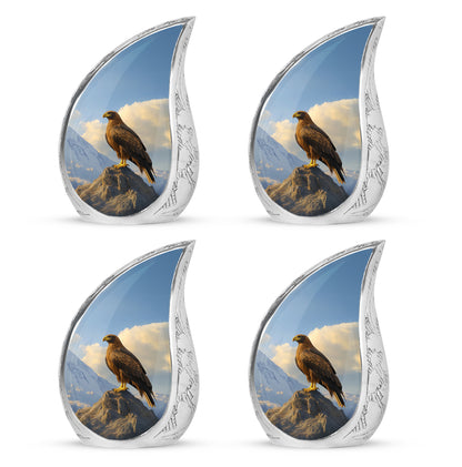 Sapphire Blue Eagle Cremation Urn close-up of engraving and surface detail - graceful tear-shaped urn with eagle motif - 10 inch aluminum urn for cremated remains