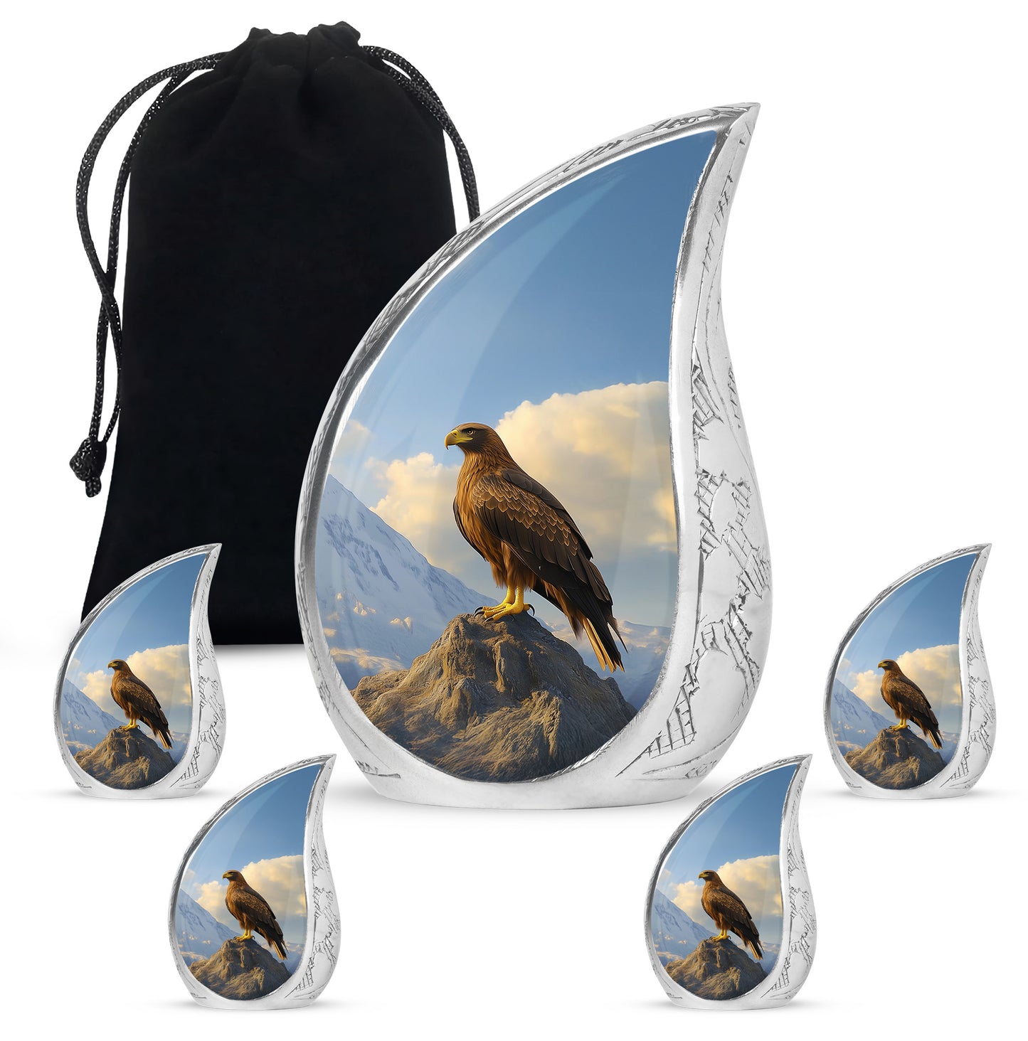 Sapphire Blue Eagle Cremation Urn side profile showing urn shape - graceful tear-shaped urn with eagle motif - memorial set with one large and four small urns