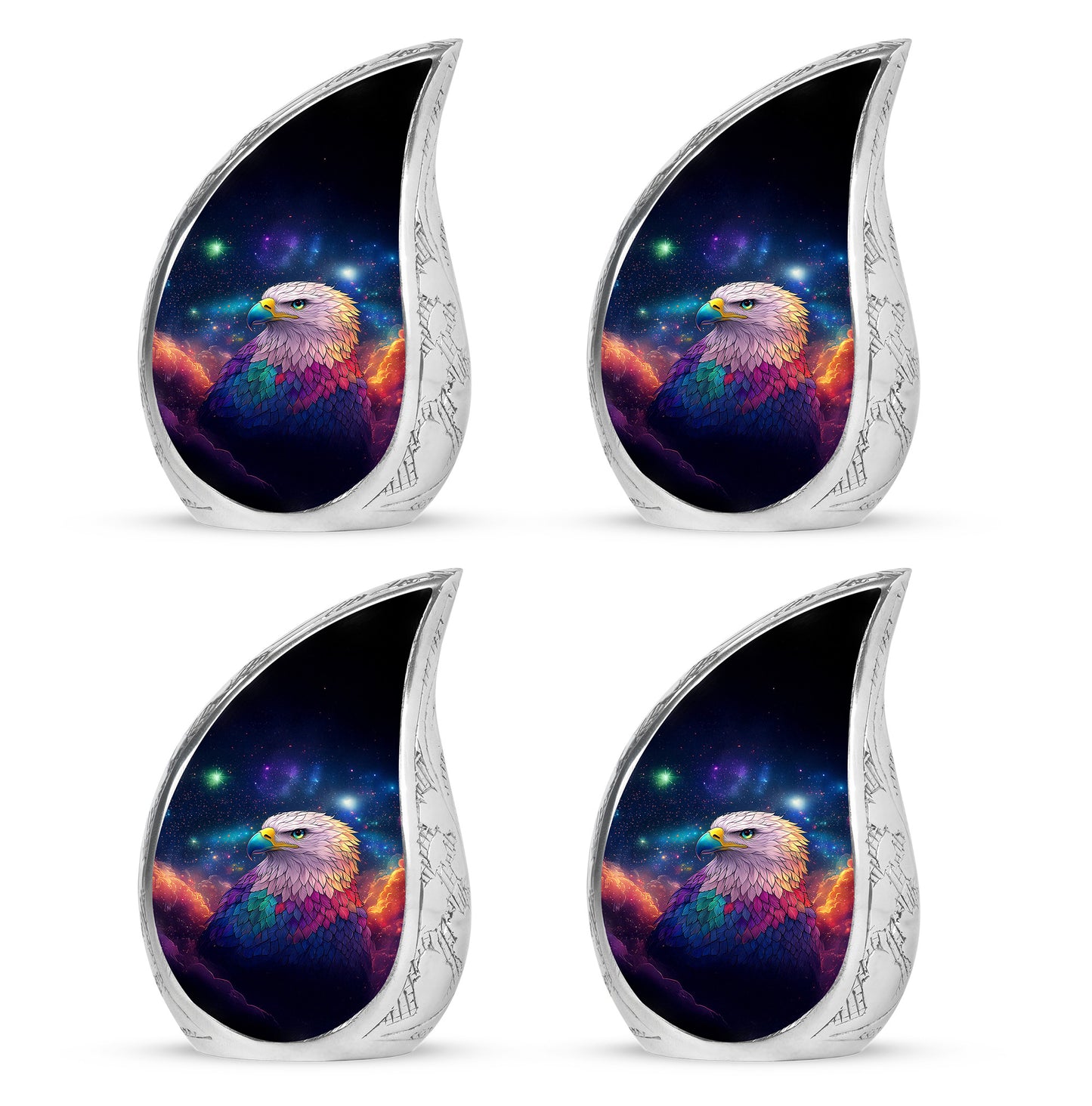 Sky Blue Eagle Cremation Urn close-up of engraving and surface detail - flowing teardrop eagle silhouette on curved aluminum - 10 inch aluminum urn for cremated remains