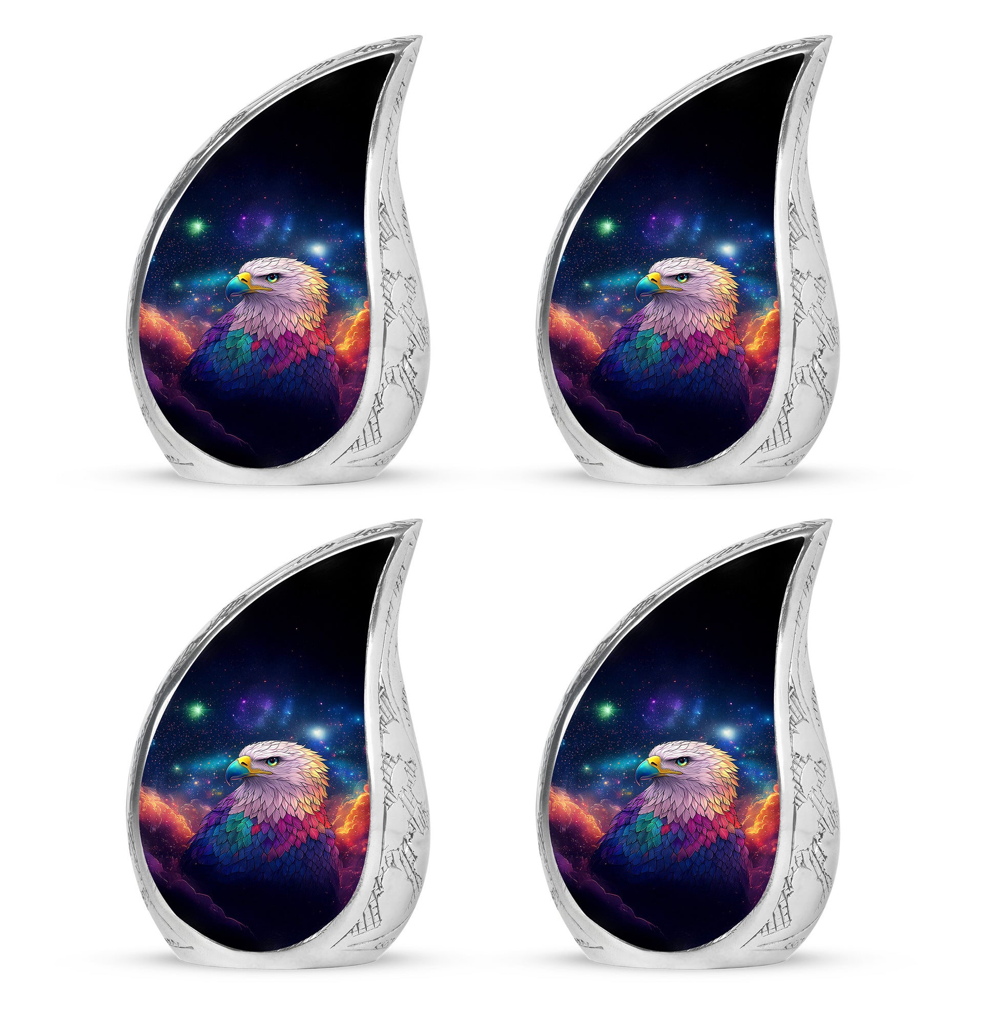 Sky Blue Eagle Cremation Urn close-up of engraving and surface detail - flowing teardrop eagle silhouette on curved aluminum - 10 inch aluminum urn for cremated remains