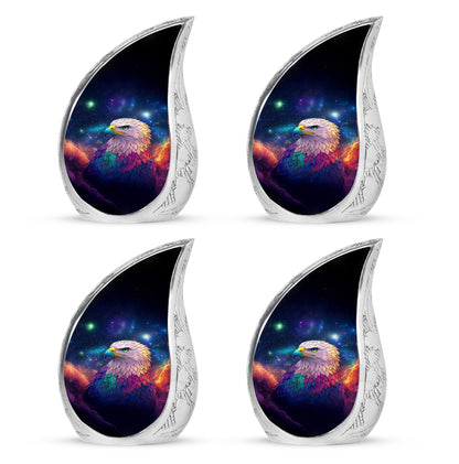 Sky Blue Eagle Cremation Urn close-up of engraving and surface detail - flowing teardrop eagle silhouette on curved aluminum - 10 inch aluminum urn for cremated remains