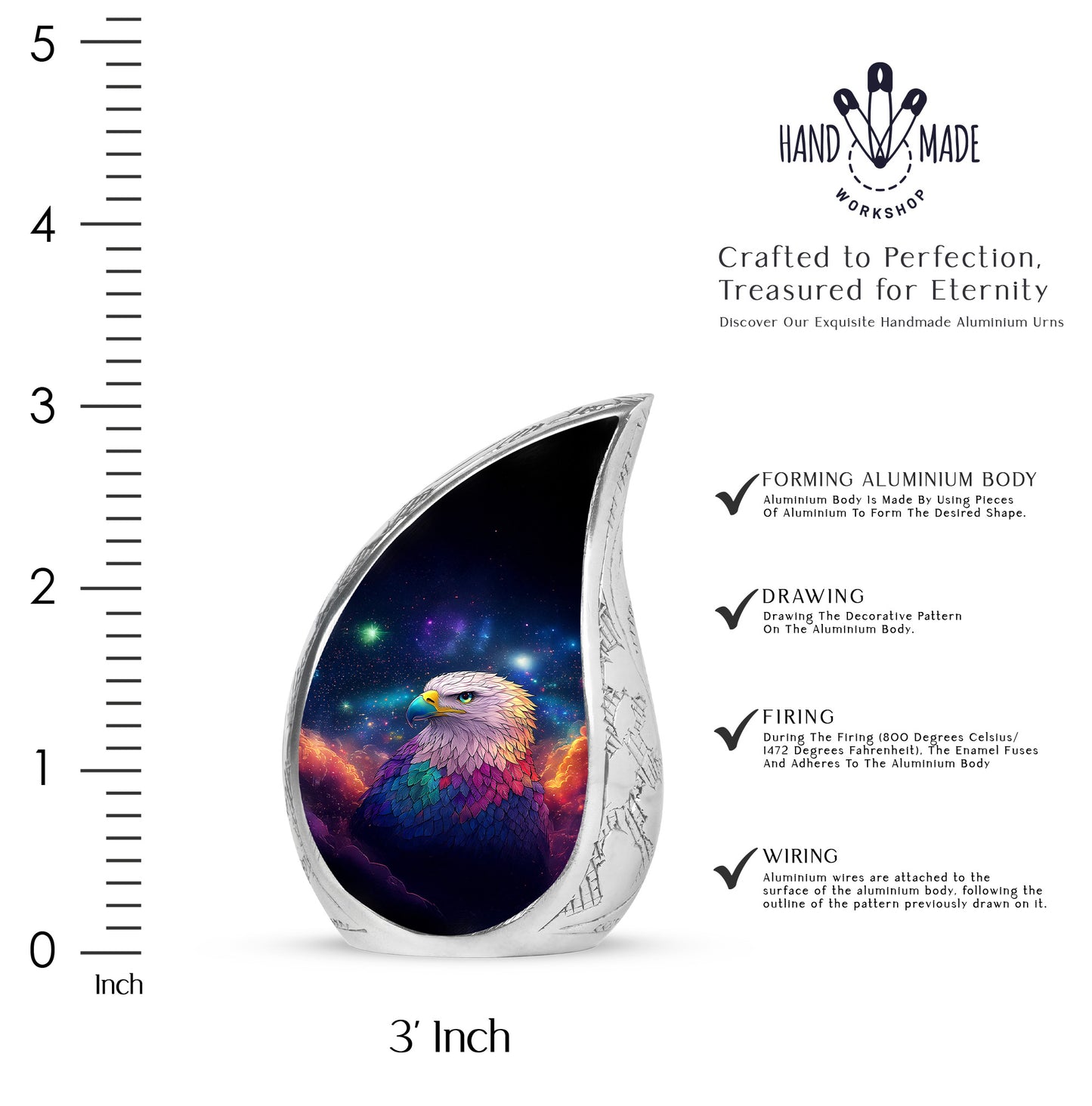 Serene Blue Eagle Cremation Urn angled view of lid and engraved motif - graceful tear-shaped urn with eagle motif - mini keepsake memorial for portion of cremation ashes