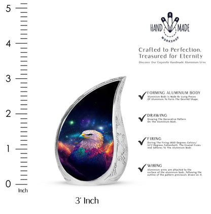 Serene Blue Eagle Cremation Urn angled view of lid and engraved motif - graceful tear-shaped urn with eagle motif - mini keepsake memorial for portion of cremation ashes