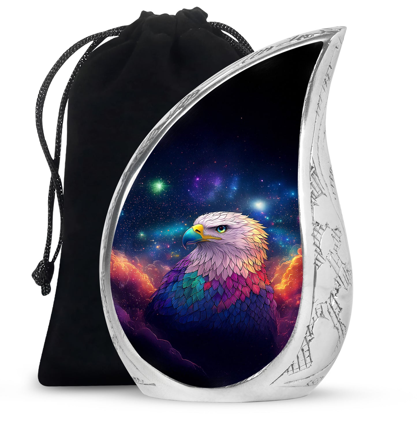 Navy Blue Eagle Cremation Urn front view showing detailed design - rounded teardrop eagle design with delicate detail - full-size 10 inch 200 cubic inch adult cremation urn