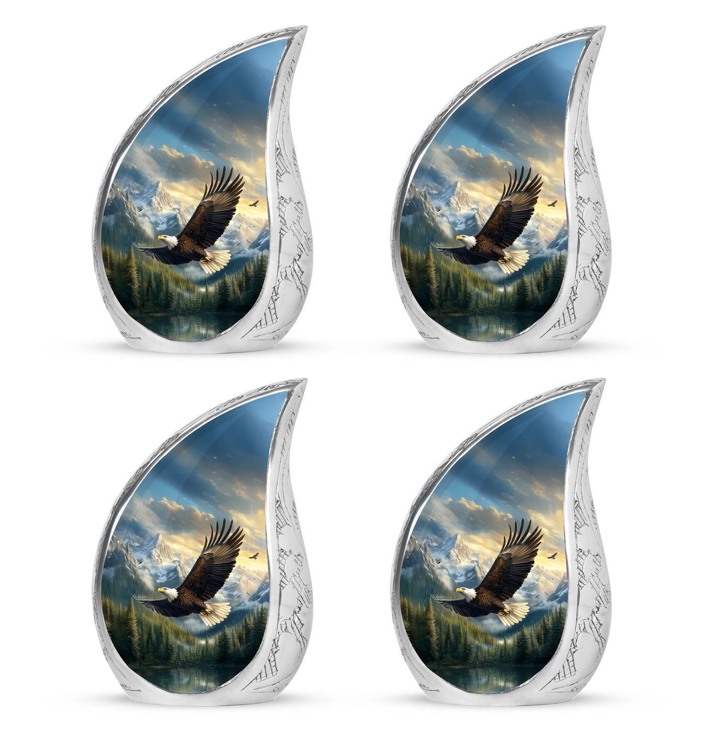 Steel Blue Eagle Cremation Urn close-up of engraving and surface detail - smooth teardrop contour featuring eagle art - 10 inch aluminum urn for cremated remains