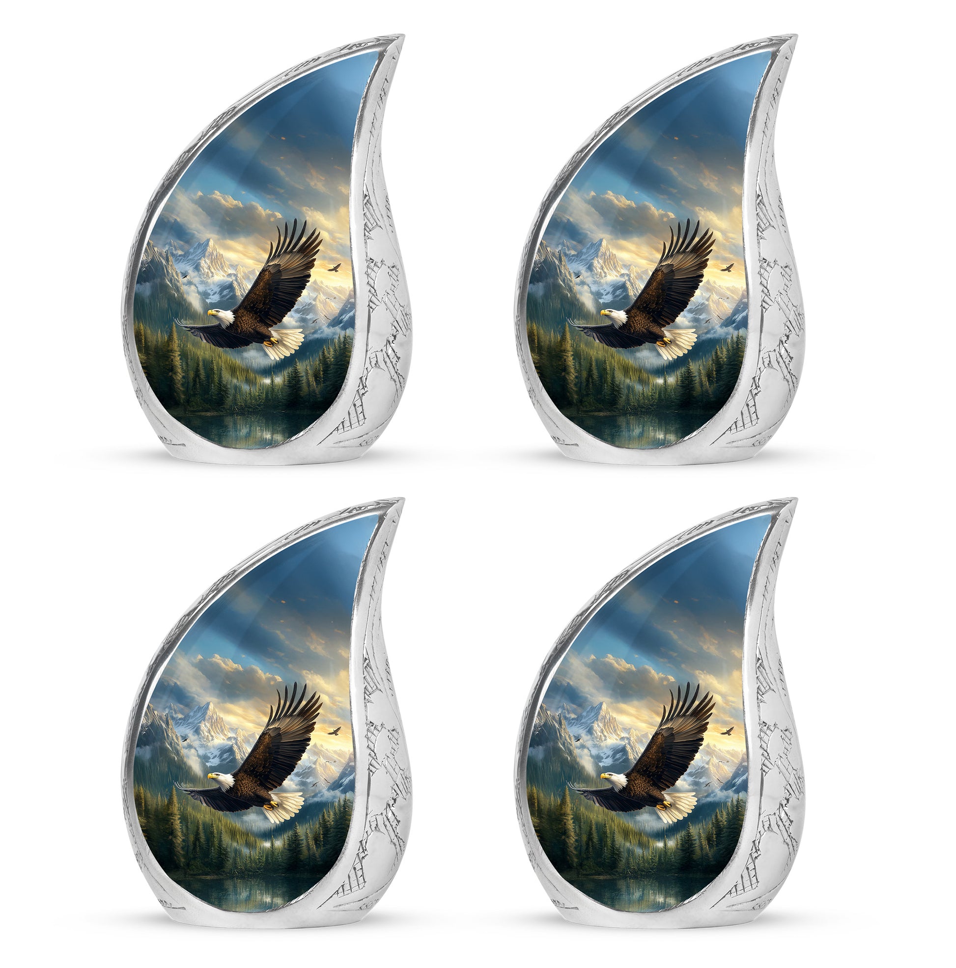 Steel Blue Eagle Cremation Urn close-up of engraving and surface detail - smooth teardrop contour featuring eagle art - 10 inch aluminum urn for cremated remains