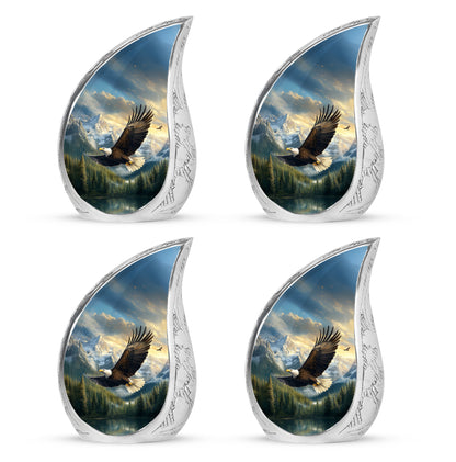 Steel Blue Eagle Cremation Urn close-up of engraving and surface detail - smooth teardrop contour featuring eagle art - 10 inch aluminum urn for cremated remains