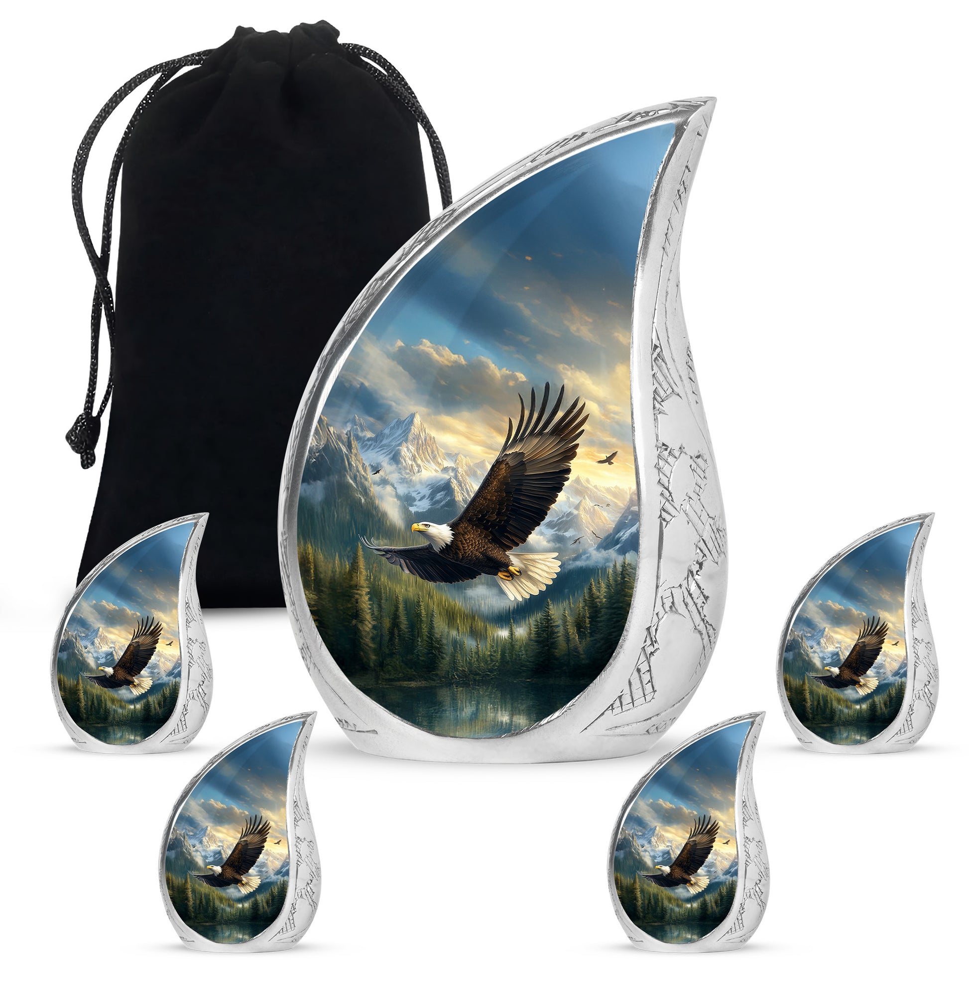 Icy Blue Eagle Cremation Urn side profile showing urn shape - flowing teardrop eagle silhouette on curved aluminum - memorial set with one large and four small urns