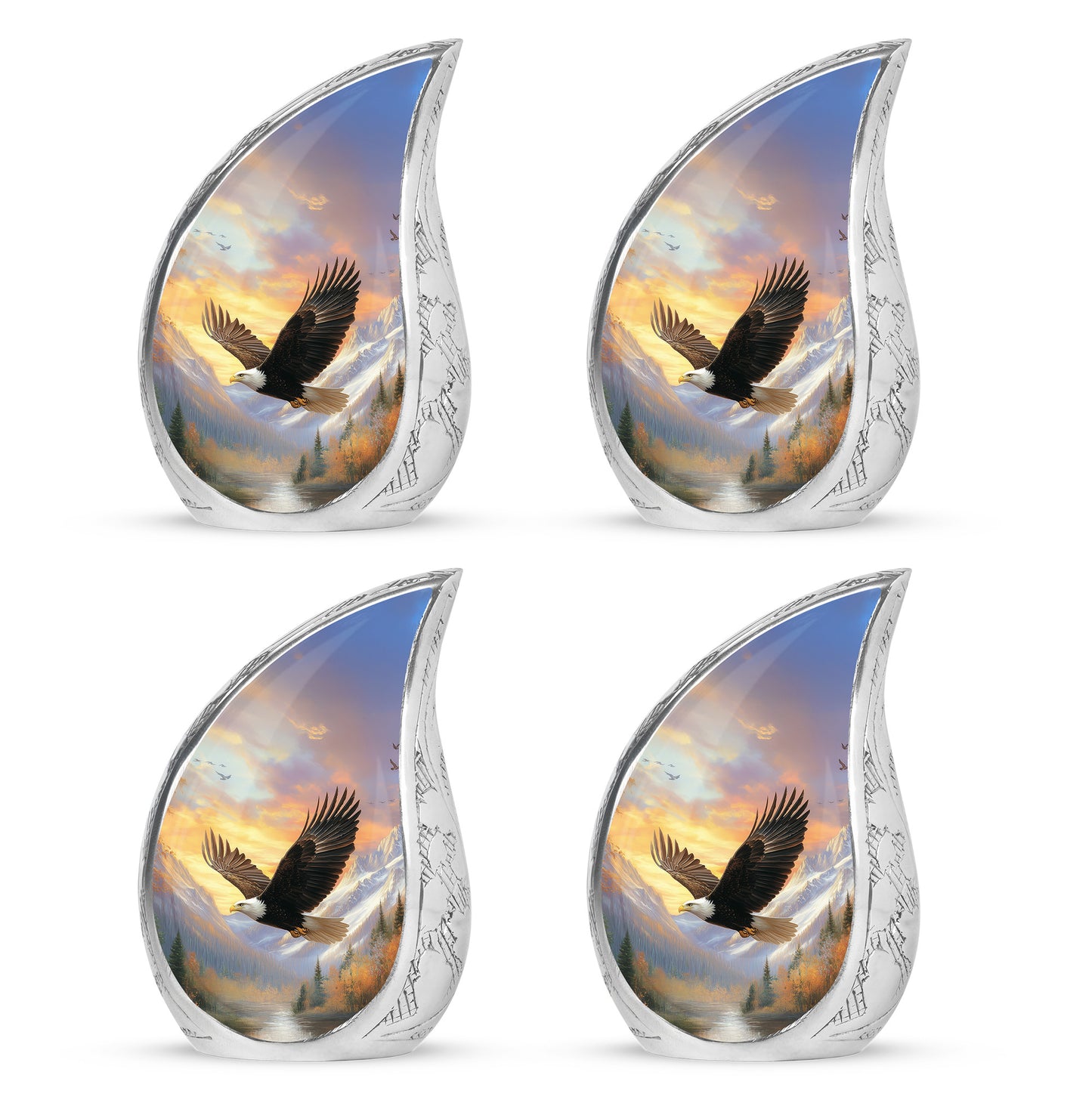 Pastel Pink Eagle Cremation Urn close-up of engraving and surface detail - rounded teardrop eagle design with delicate detail - 10 inch aluminum urn for cremated remains