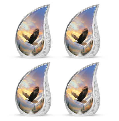 Pastel Pink Eagle Cremation Urn close-up of engraving and surface detail - rounded teardrop eagle design with delicate detail - 10 inch aluminum urn for cremated remains