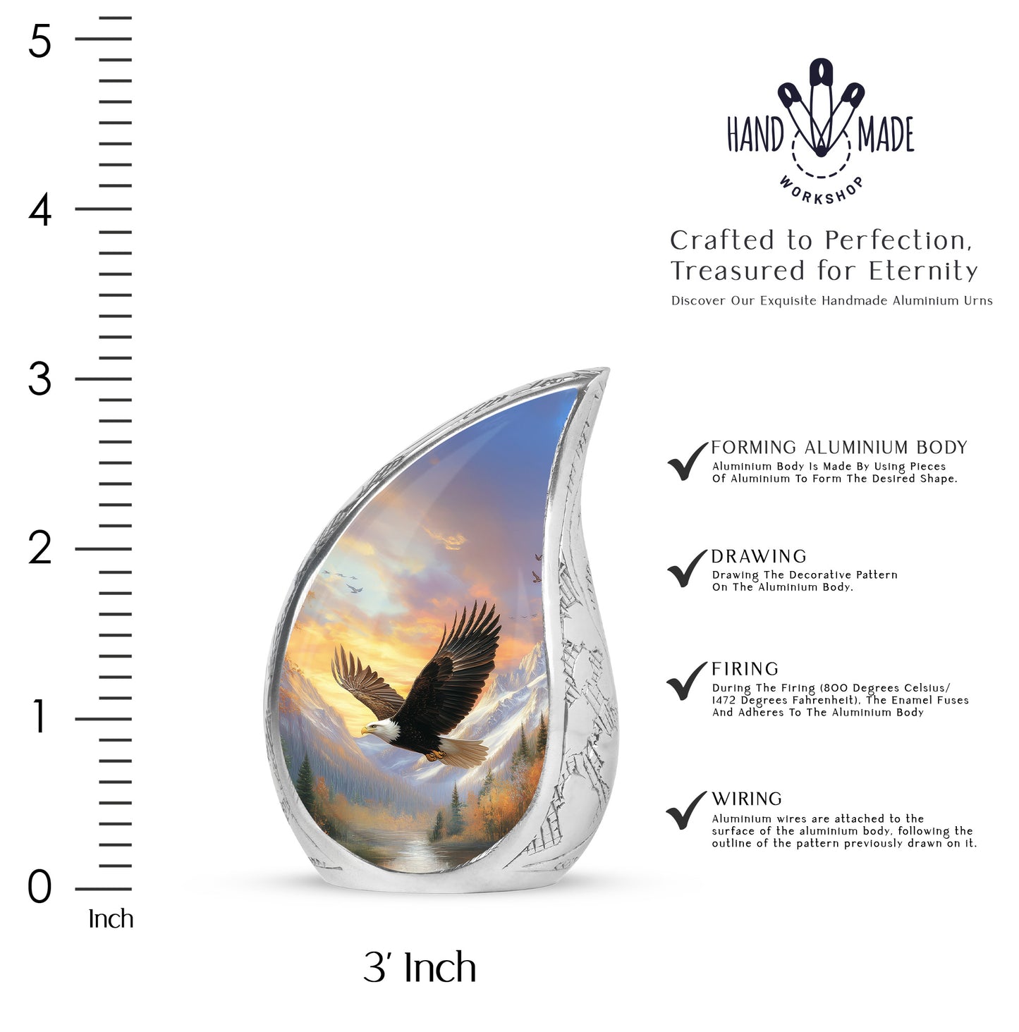 Peony Pink Eagle Cremation Urn angled view of lid and engraved motif - flowing teardrop eagle silhouette on curved aluminum - mini keepsake memorial for portion of cremation ashes
