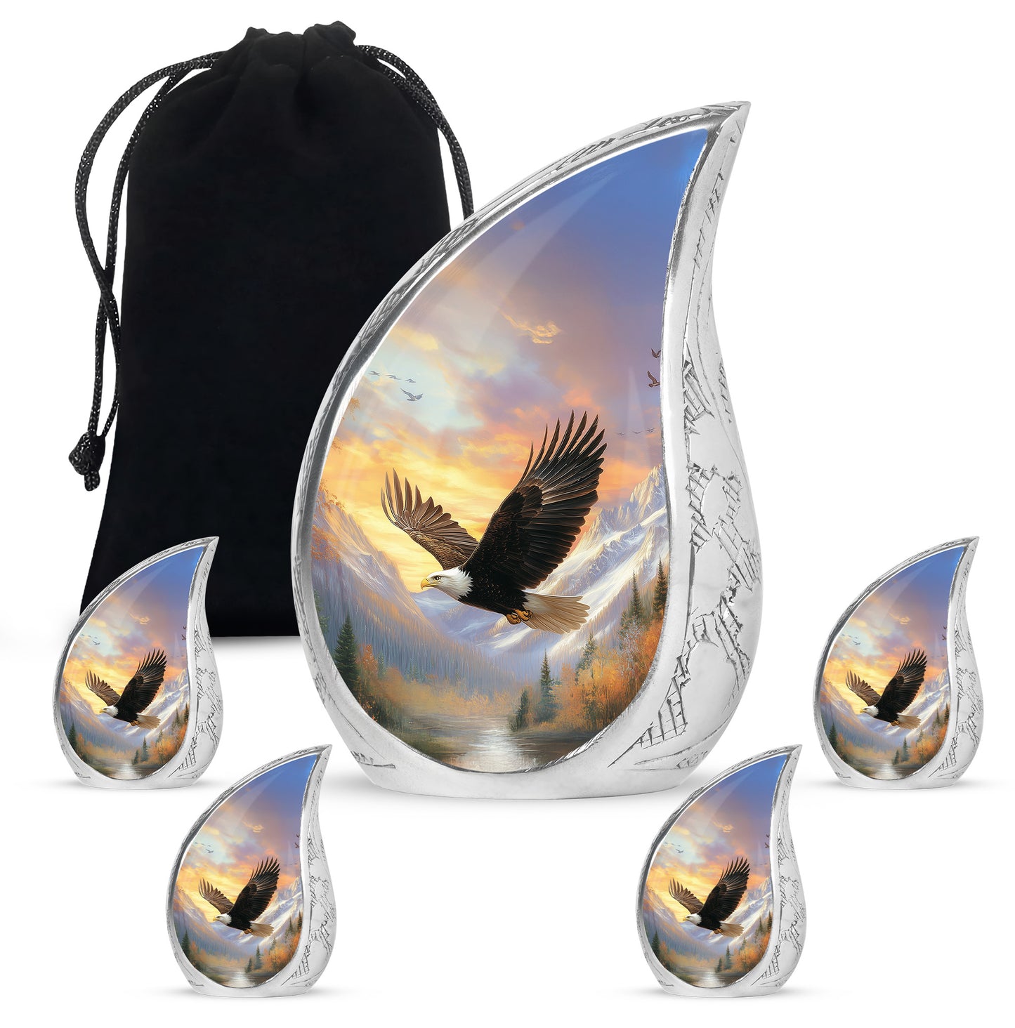 Soft Pink Eagle Cremation Urn side profile showing urn shape - smooth teardrop contour featuring eagle art - memorial set with one large and four small urns