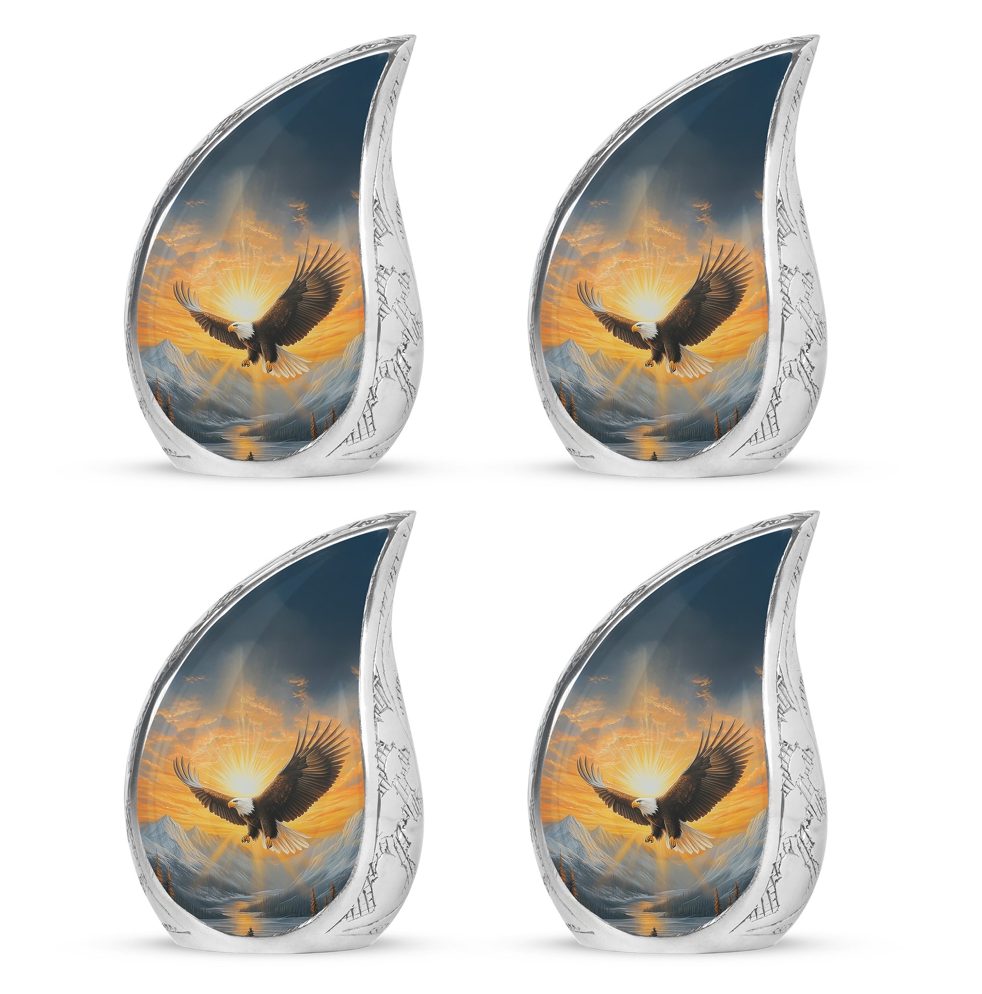 Soft Blue Eagle Cremation Urn close-up of engraving and surface detail - graceful tear-shaped urn with eagle motif - 10 inch aluminum urn for cremated remains