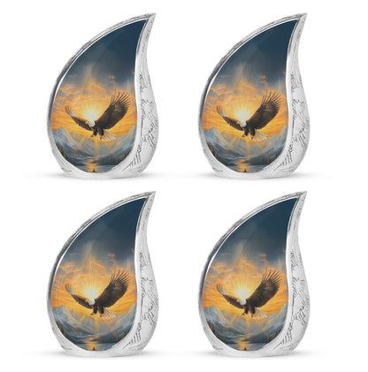 Soft Blue Eagle Cremation Urn close-up of engraving and surface detail - graceful tear-shaped urn with eagle motif - 10 inch aluminum urn for cremated remains