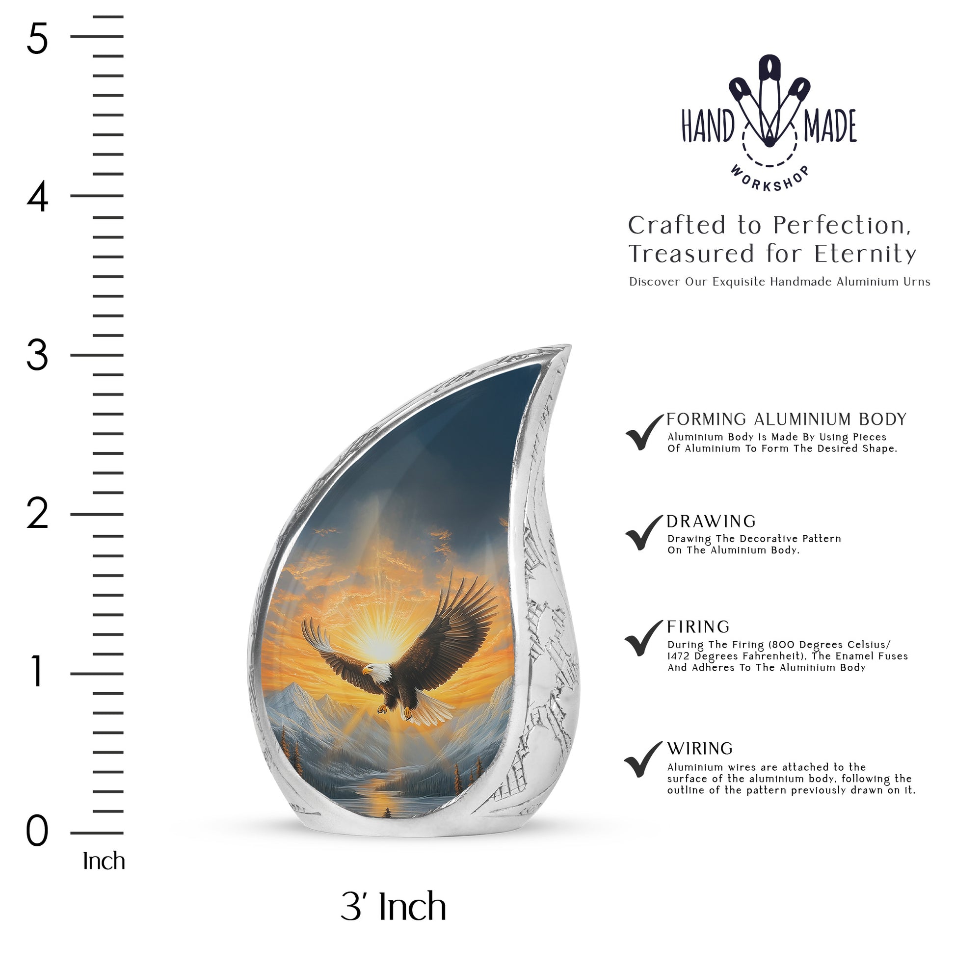 Misty Blue Eagle Cremation Urn angled view of lid and engraved motif - flowing teardrop eagle silhouette on curved aluminum - mini keepsake memorial for portion of cremation ashes