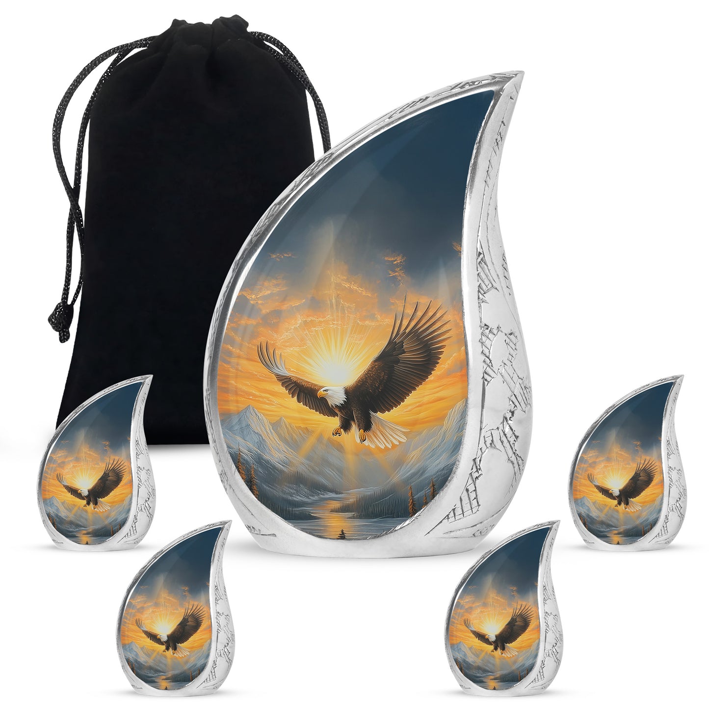 Sapphire Blue Eagle Cremation Urn side profile showing urn shape - smooth teardrop contour featuring eagle art - memorial set with one large and four small urns