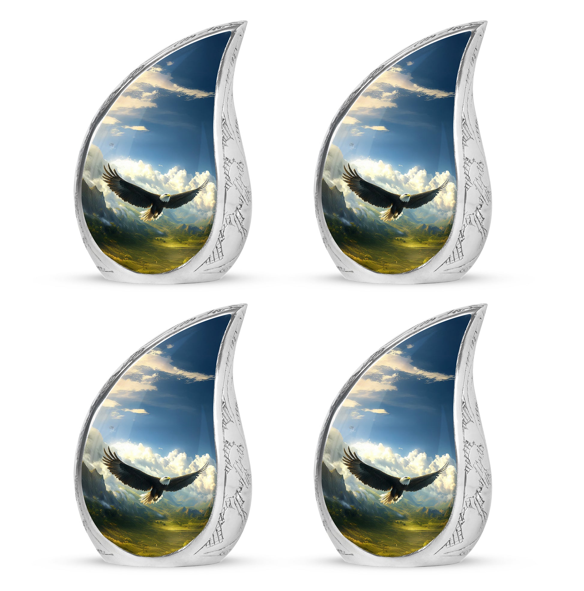 Misty Blue Eagle Cremation Urn close-up of engraving and surface detail - rounded teardrop eagle design with delicate detail - 10 inch aluminum urn for cremated remains