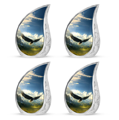 Misty Blue Eagle Cremation Urn close-up of engraving and surface detail - rounded teardrop eagle design with delicate detail - 10 inch aluminum urn for cremated remains