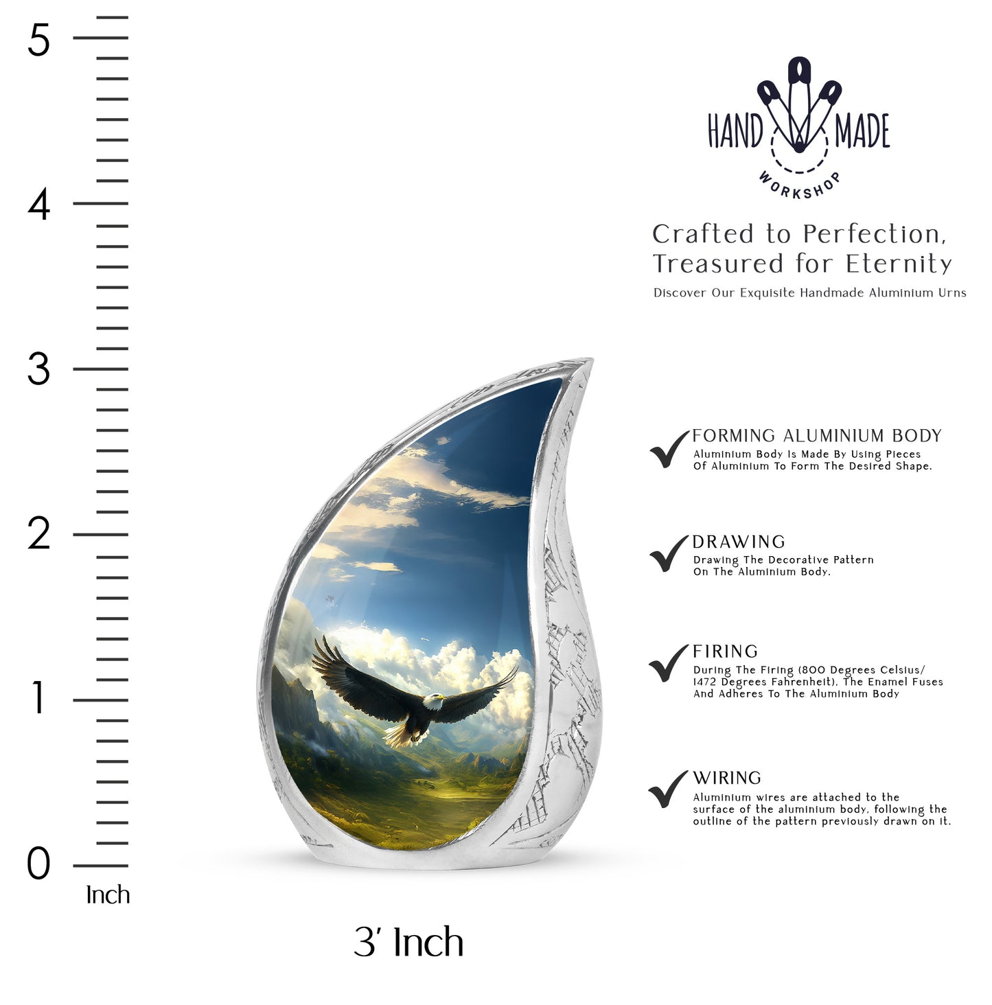 Navy Blue Eagle Cremation Urn angled view of lid and engraved motif - rounded teardrop eagle design with delicate detail - mini keepsake memorial for portion of cremation ashes
