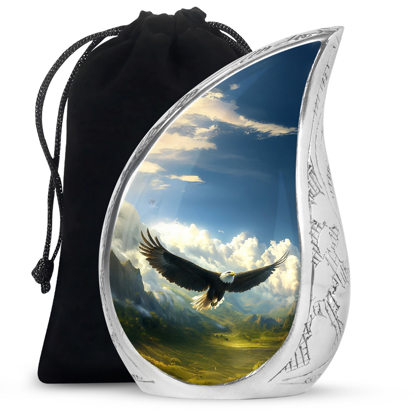 Slate Blue Eagle Cremation Urn front view showing detailed design - flowing teardrop eagle silhouette on curved aluminum - full-size 10 inch 200 cubic inch adult cremation urn