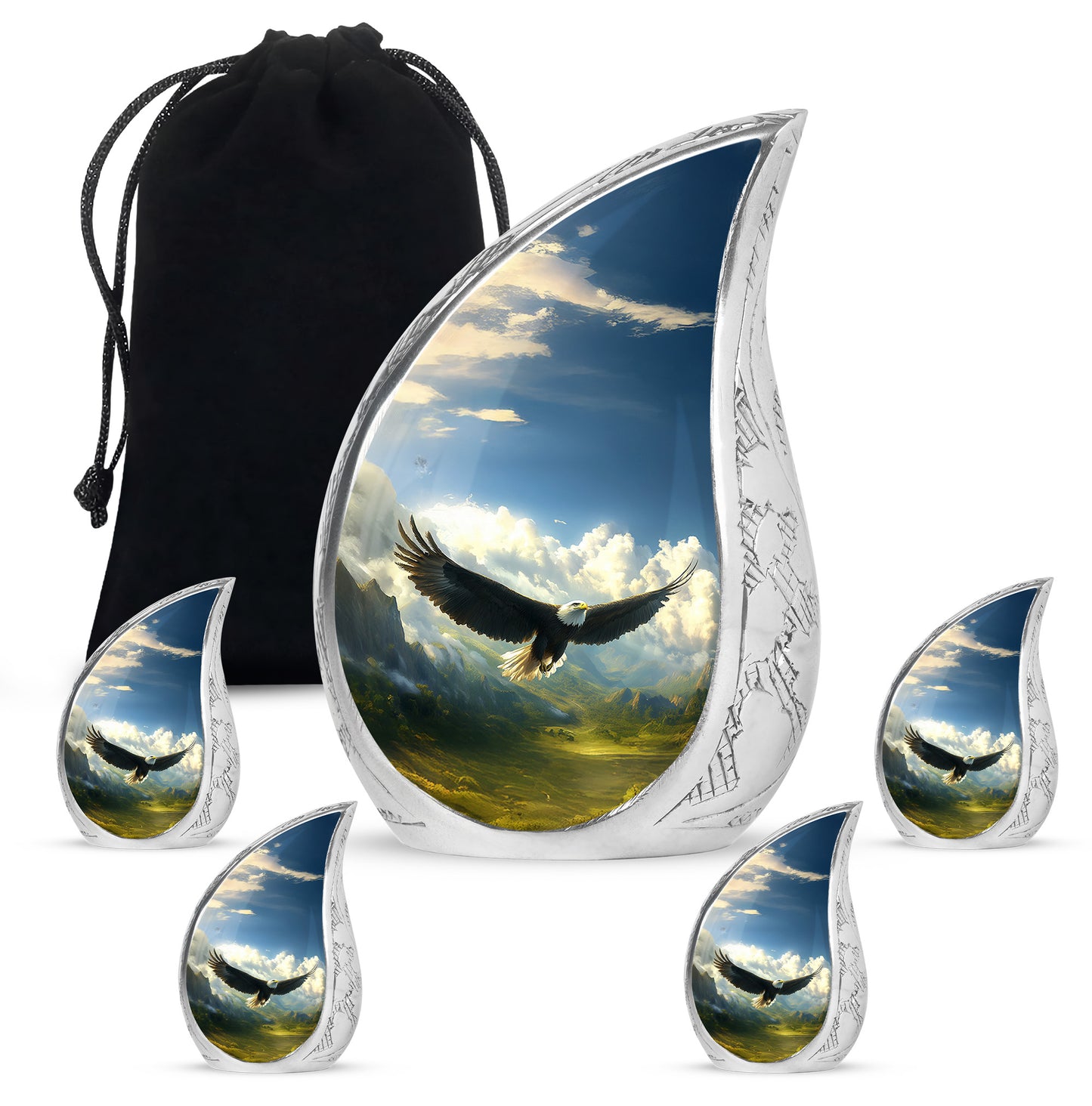 Sky Blue Eagle Cremation Urn side profile showing urn shape - rounded teardrop eagle design with delicate detail - memorial set with one large and four small urns