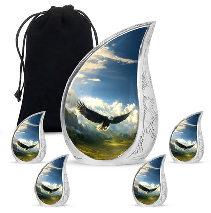 Sky Blue Eagle Cremation Urn side profile showing urn shape - rounded teardrop eagle design with delicate detail - memorial set with one large and four small urns
