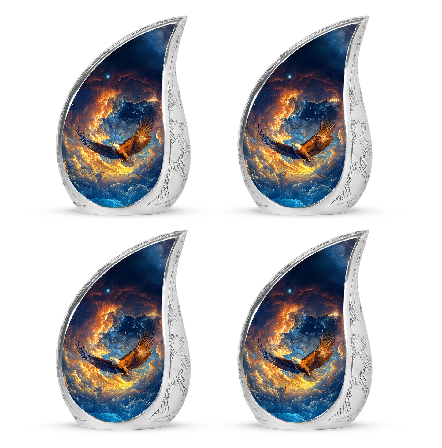 Celestial Blue Eagle Cremation Urn close-up of engraving and surface detail - flowing teardrop eagle silhouette on curved aluminum - 10 inch aluminum urn for cremated remains