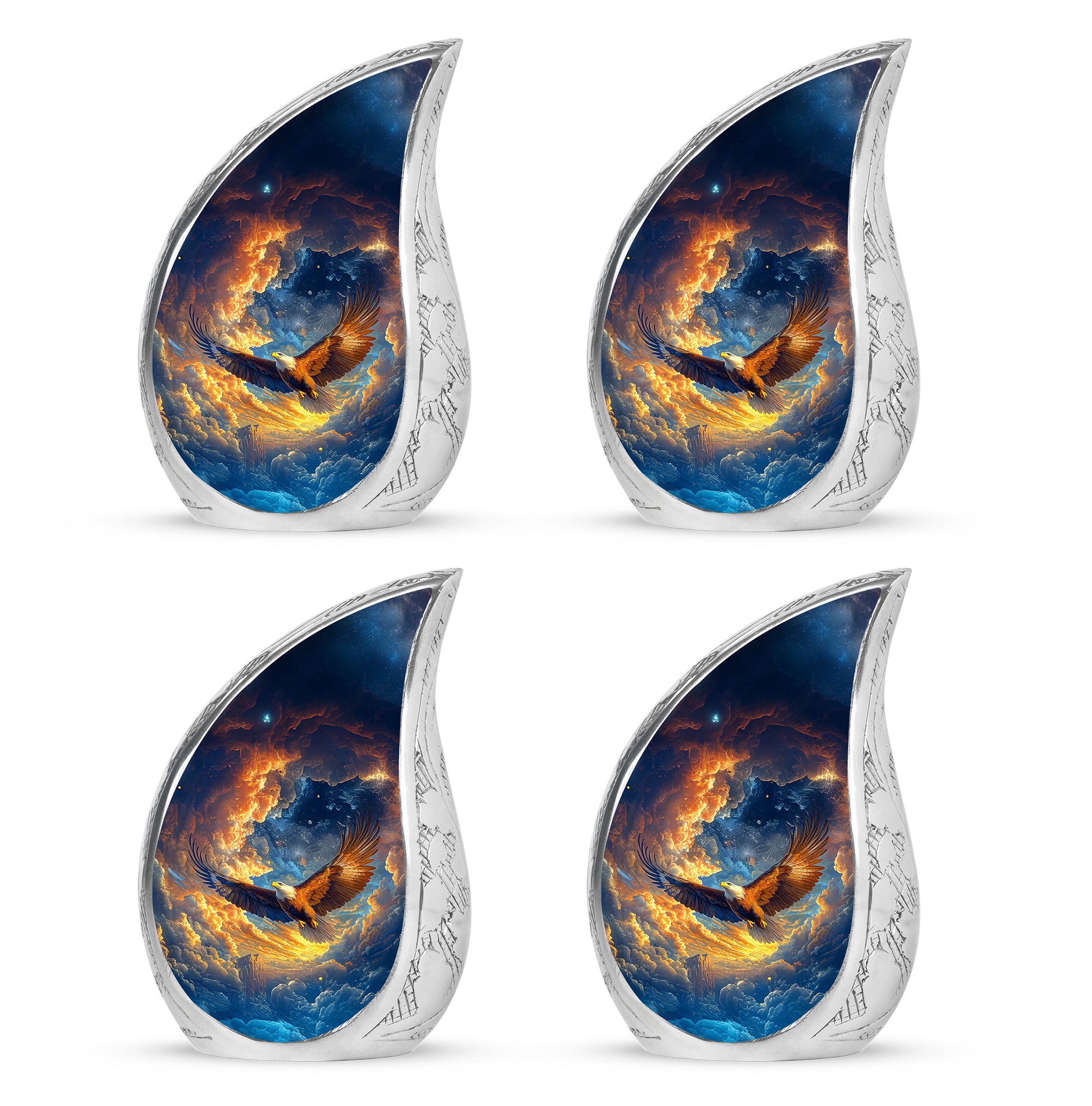 Celestial Blue Eagle Cremation Urn close-up of engraving and surface detail - flowing teardrop eagle silhouette on curved aluminum - 10 inch aluminum urn for cremated remains