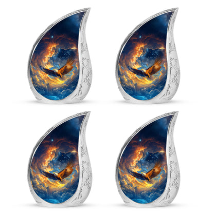 Celestial Blue Eagle Cremation Urn close-up of engraving and surface detail - flowing teardrop eagle silhouette on curved aluminum - 10 inch aluminum urn for cremated remains