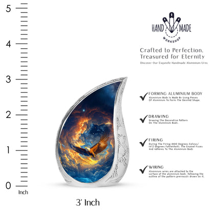 Icy Blue Eagle Cremation Urn angled view of lid and engraved motif - rounded teardrop eagle design with delicate detail - mini keepsake memorial for portion of cremation ashes